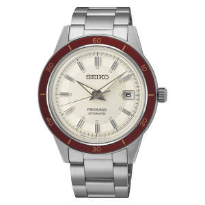 PRESAGE AUTIMATIC WITH MANUAL WINDING SILVER IN COLOR WITH MEROON MINUTE DESIGHN