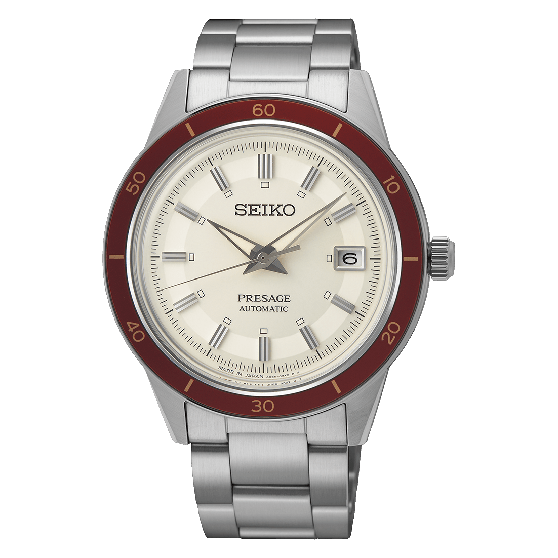 PRESAGE AUTIMATIC WITH MANUAL WINDING SILVER IN COLOR WITH MEROON MINUTE DESIGHN