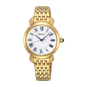 SEIKO LADIES GOLD WATCH WITH BLUE ROMAN NUMBERS 50M WATER RESISTANT