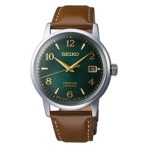 GENTS  SEIKO WATCH BROWN LEATHER STRAP WITH GREEN FACE PRESAGE AUTOMOMATIC 50M WATER RESISTANT